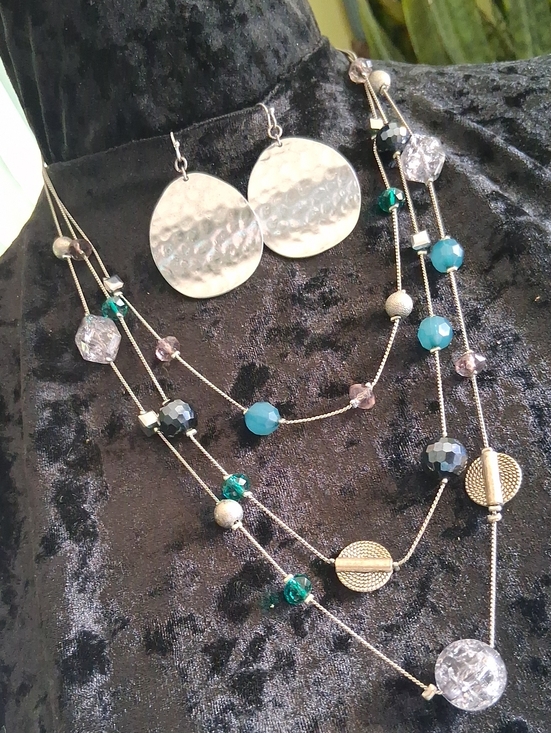 LOFT Jewelry - Multi-Strand Silver & Teal Beaded Necklace with Hammered Disc Earrings